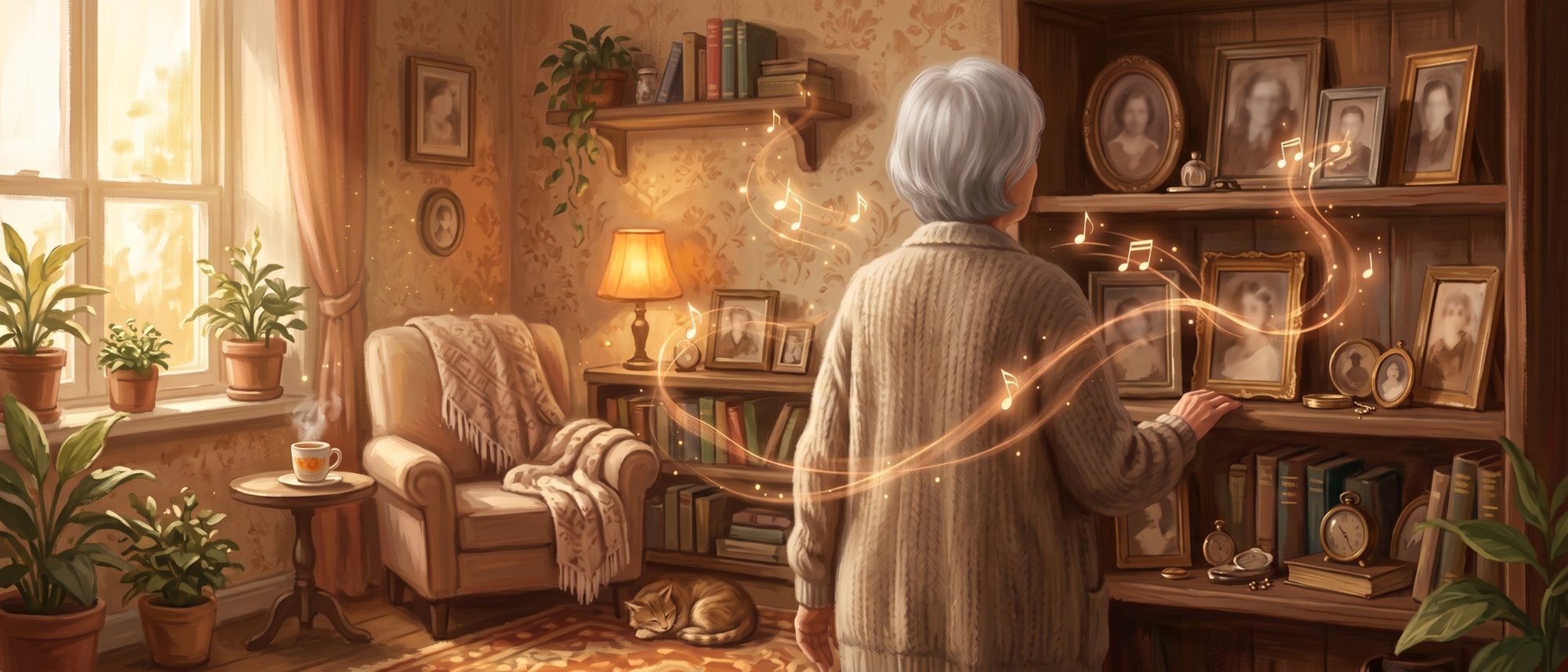 An older person with silver hair, seen from behind, looks at a shelf of old framed photographs while glowing musical notes drift up from the pictures